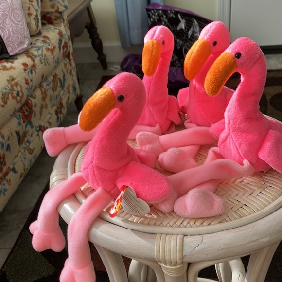 95' TY ORIGINAL BEANIE BABY PINKY THE FLAMINGO  set of 4 - 3 with pvc  pellets - Picture 12 of 16